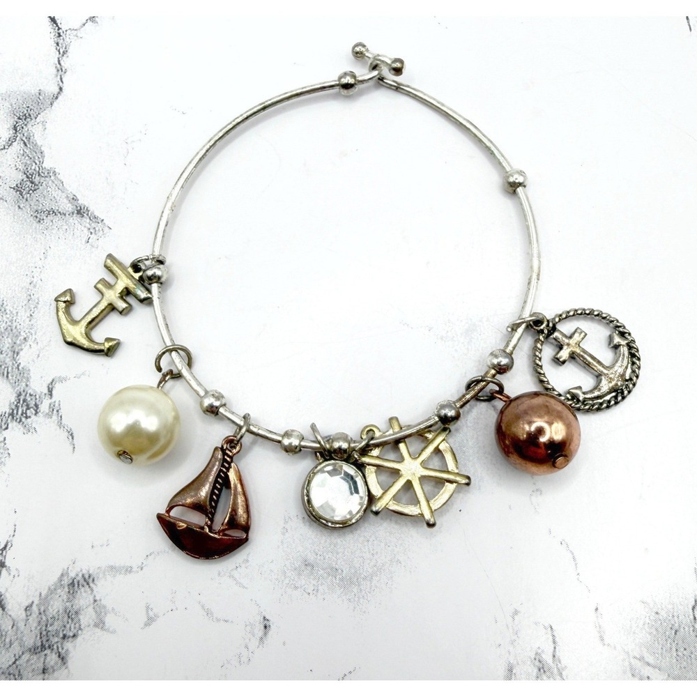 Nautical Charm‎ Bangle Bracelet Anchor Sailboat Ship Wheel Pearl Coastal Beach